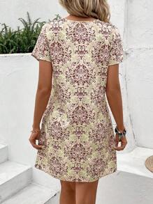 EMERY ROSE 夏季全版印花凹口領蝙蝠袖束腰連衣裙