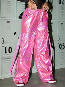 Y2K 全息粉色翻盖口袋侧缎抽绳腰阔腿工装裤，休闲舒适，适合日常穿着，情人节也适用。