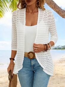 EMERY ROSE Women Spring And Summer Casual Regular Fit Hollow Out Open Front 3/4 Sleeve Jacket In Fall/Winter - White - View 6