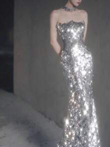 Váy suông hở vai lấp lánh cho nữ có nơ bướm phía sau, hoàn hảo cho các bữa tiệc, trang trọng, dạ hội, tiệc cưới, tốt nghiệp, tiệc tối - Bạc - Xem 5