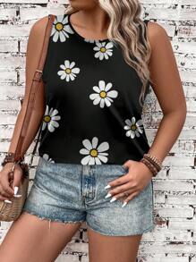 EMERY ROSE Plus Size Floral Pattern Summer Casual Sleeveless Tank Top - Black - View 3