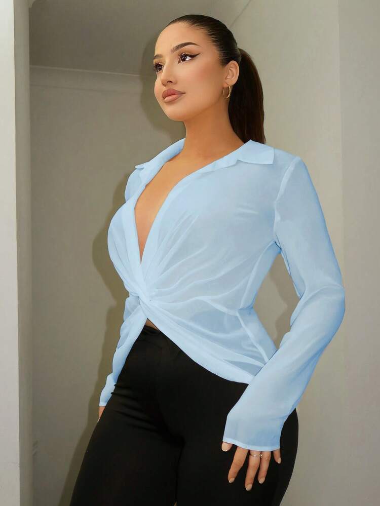 Women Spring/Summer Solid Color Long Sleeve Buttoned Slim Fit Shirt