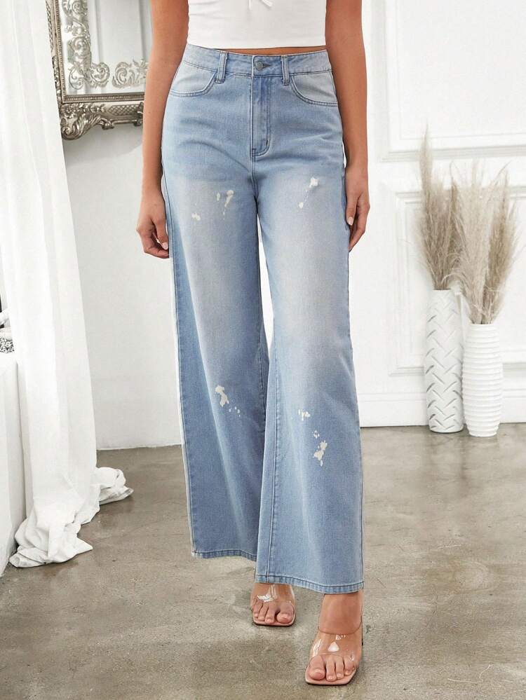 Vintage Style Faded Gradient Wide Leg Denim Pants For Casual Wear