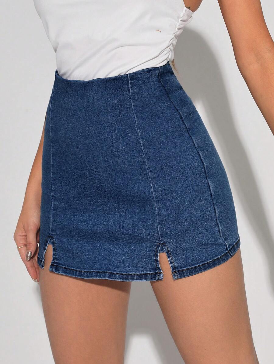 SHEIN Tall Women Simple And Versatile Split Hem Spring/Summer Denim Shorts - Dark Wash - View 1