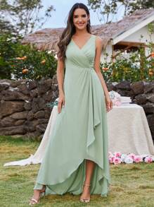 EVER-PRETTY Mouwloze asymmetrische geplooide chiffon formele jurk met korte voorkant en lange achterkant