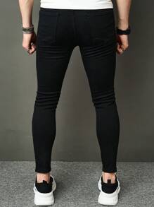 Manfinity Roughcore Men Black Streetwear Ripped Slim Fit Jeans,Summer Holiday Casual Frayed Long Cargo Pants,Stylish Daily Wear Street Party Gifts For Husband Boyfriend - Black - View 2