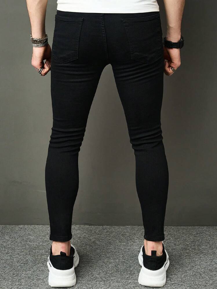 Manfinity LEGND Men Stylish Casual Streetwear Ripped Slim Fit Jeans For Daily Wear, Frayed Jeans Plain Slim Fit Long Black Cargo Jeans, For Husband, Boyfriend Gifts Going Out Hang Out Commute Street Party - Black - View 2