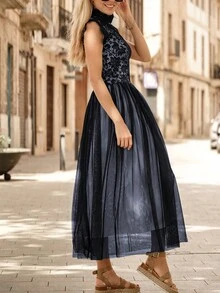 Đầm Dây kéo màu trơn Buổi tiệc - màu đen - Xem 3