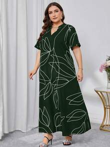 Plus Size Women Simple Line Printed Casual Summer Beach Dress - Dark Green - View 5