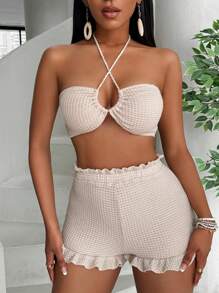 BamGleam Women Summer Cross Halter Bralette Top And Ruffle Trim Shorts Holiday 2 In 1 Set - Apricot - View 4