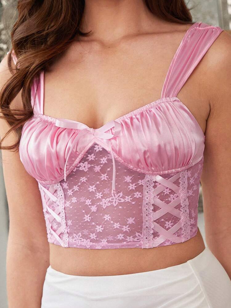 Ladies" Pink Satin Camisole With Lace And Woven Straps