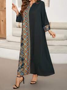 Women's Vintage Floral Print Patchwork V-Neck Long Robe, Elegant Kaftan Robe For Holiday & Casual Wear, Spring/Summer - Multicolor - View 5