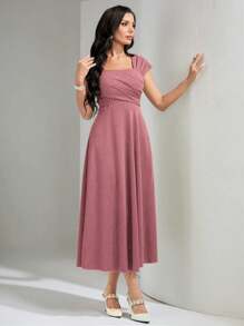 Modelyn 女士纯色简约优雅褶皱设计连衣裙长款女士服装