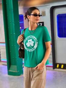 Easithlete Áo thun thể thao ngắn tay mùa hè có in hình cỏ ba lá và chữ - màu xanh lá - Xem 3