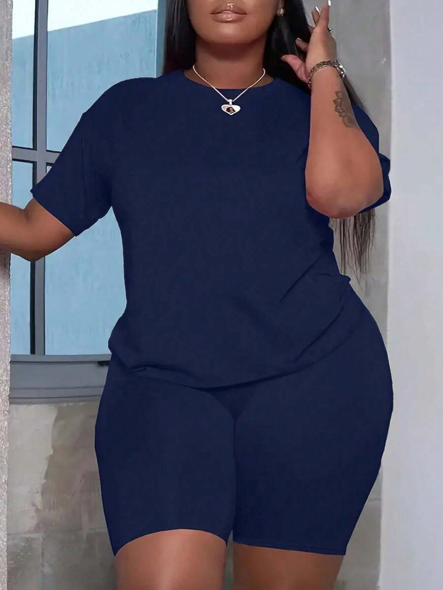 Maweii 大尺碼女士時尚日常純色短袖短褲套裝