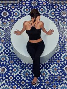 SHEIN SXY x STAS Women Sexy Floral Print Top And Flare Pants Two Pieces Set - Black - View 2