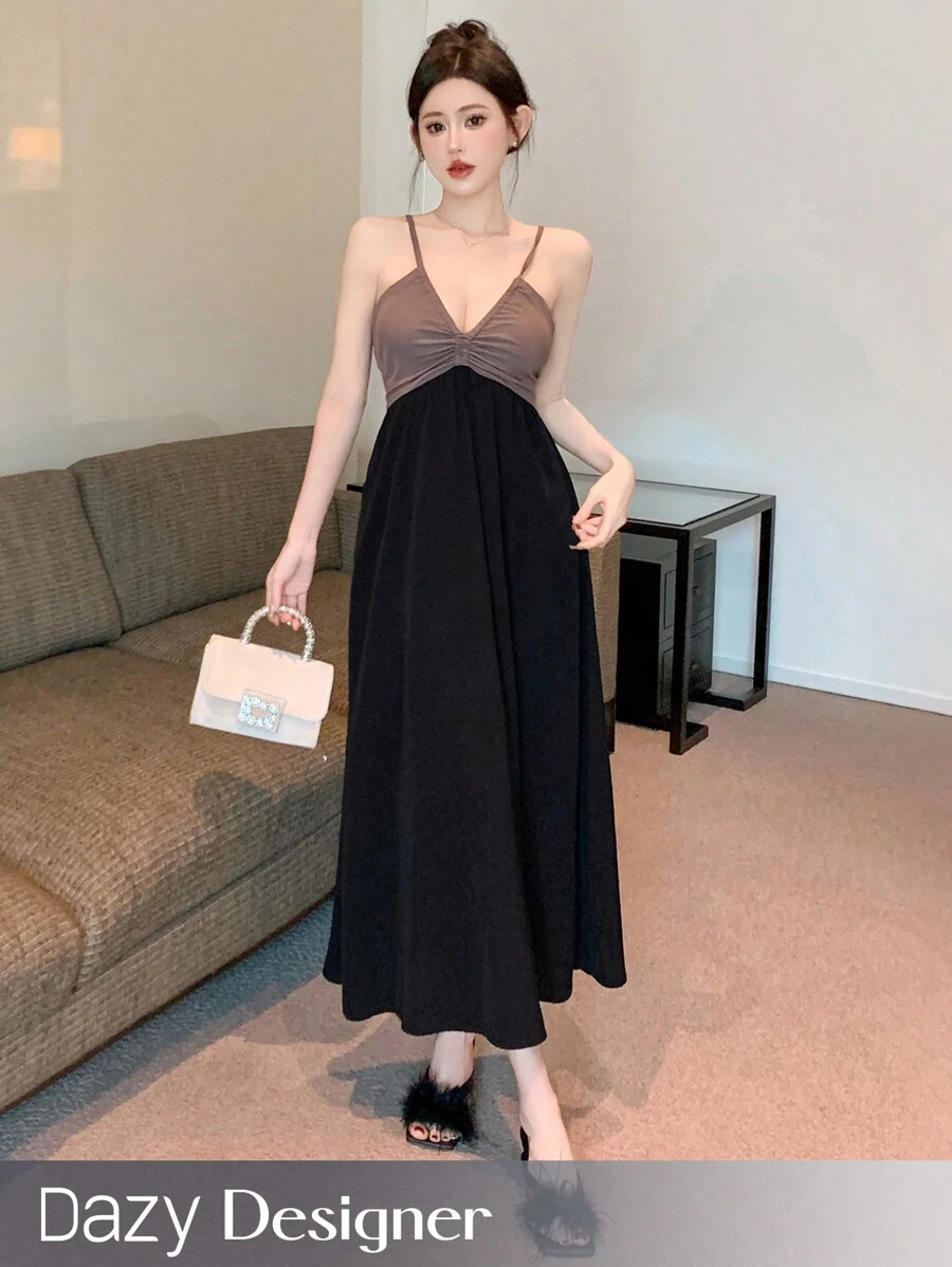 Dazy Designer 女士吊带无袖撞色褶皱细节吊带连衣裙，适合夏季、生日、新年、舞会、休闲场合，优雅百搭。 - 黑色 - 查看 1