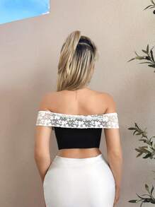 Sweetina Sexy Lace Patchwork Off Shoulder Bodycon Cropped Top For Summer