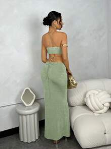 SHEIN BAE Váy tốt nghiệp bó sát cổ cho nữ kỳ nghỉ hè màu trơn với thiết kế khoét rỗng - màu xanh lá - Xem 2