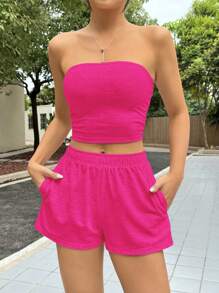 SHEIN EZwear Ladies' Bright Pink Strapless Top And Shorts Set For Everyday Spring And Summer Outfits - Hot Pink - View 5