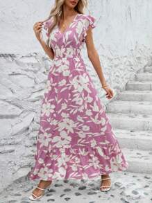 SHEIN Clasi Women Elegant Flower Print Ruffled Sleeve V-Neckline Long Dress - Multicolor - View 8