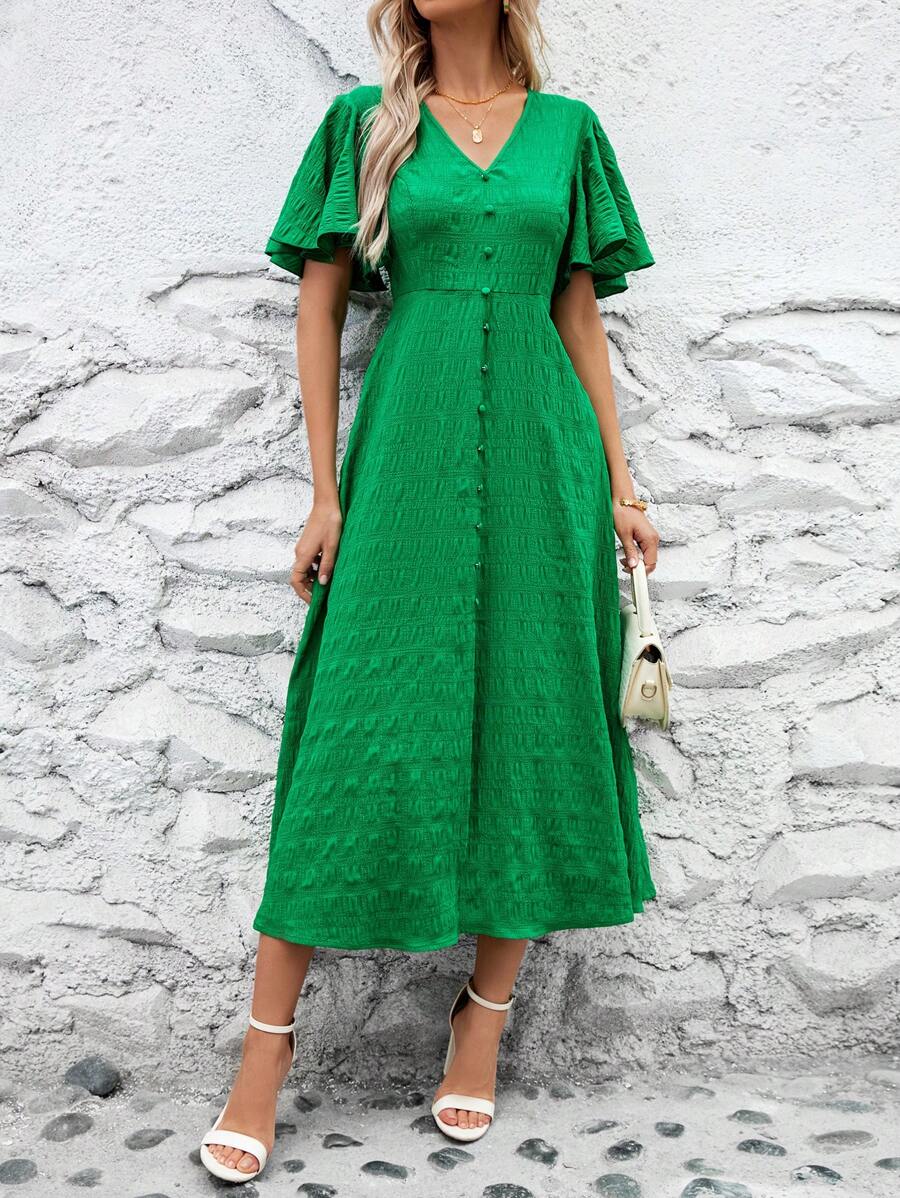 SHEIN Clasi Women Solid Texture V-Neck Flutter Sleeve Belted Summer Women Maxi Green Dress - Green - View 1