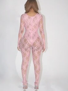 Mono básico para fiestas y salidas, con mangas largas, lazo, transparencias y encaje rosa para mujer, estilo romántico y vacacional - Rosa - Ver 2