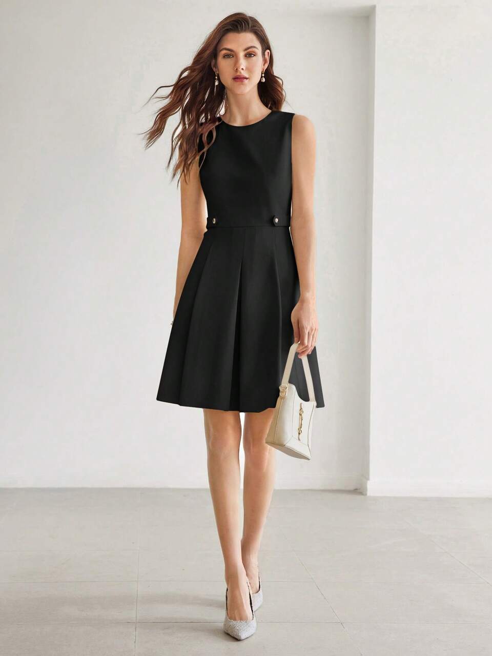 MOTF SOLID FOLD PLEATED FLARE HEM DRESS