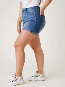 SHEIN Frenchy 女士大碼牛仔短褲 - 中等水洗藍 - 查看 6