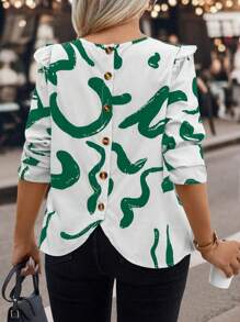 SHEIN Clasi Plus Size Full Bloom Printed Casual Work Shirt With Back Button Decoration - Green - View 1