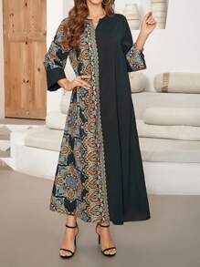 Women's Vintage Floral Print Patchwork V-Neck Long Robe, Elegant Kaftan Robe For Holiday & Casual Wear, Spring/Summer - Multicolor - View 4