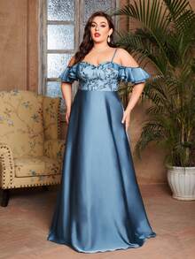 Spaghetti Strap Embroidered Ruffle Lace Patchwork Satin Dress - Blue - View 6