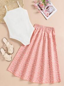 SHEIN Conjunto Primavera/Verano para niña mayor: Mono blanco y falda de estampado floral en color naranja/rosa, 2 en 1 ideal para viajes, ocasiones casuales y vacaciones. - Rojo y blanco - Ver 2