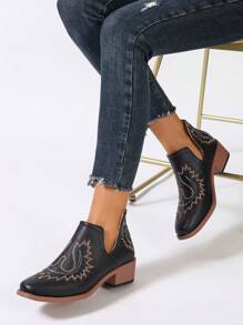 Botines cortos para mujer, estilo Chelsea con punta redonda, tacón mediano y suela con tacón, para tobillo - Negro - Ver 5