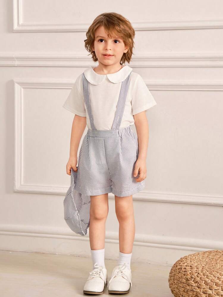 3pcs/Set Young Boy Casual Simple British Style Gentleman Pageboy Outfit, Including Short Sleeve T-Shirt, Striped Suspender Shorts And Cap, Suitable For Daily Wear, School, Outing, Performance, Wedding, Spring & Summer