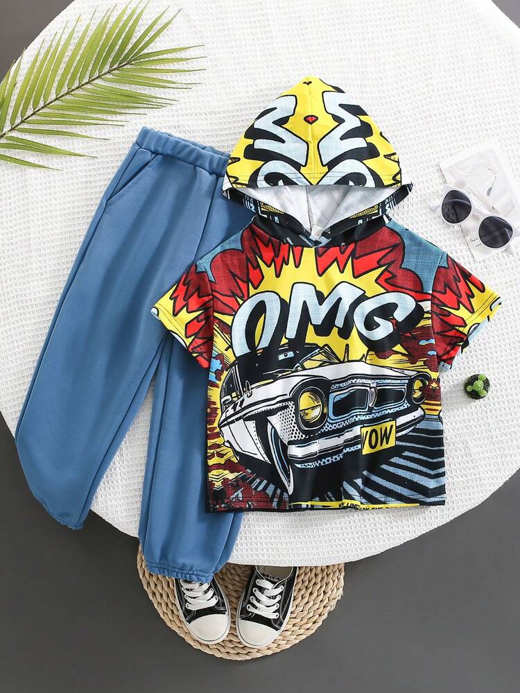 Young Boy Cute Loose Fit Car Pattern Hooded Short Sleeve Top With Solid Knit Pants Set