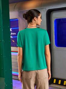 Easithlete Áo thun thể thao ngắn tay mùa hè có in hình cỏ ba lá và chữ - màu xanh lá - Xem 4