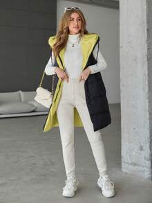 SHEIN Cottnline Ladies' Solid Color Zipper Hooded Mid-length Vest Padded Jacket - Black - View 3