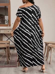 SHEIN LUNE Plus Size Oblique Shoulder Long Dress - Black and White - View 2