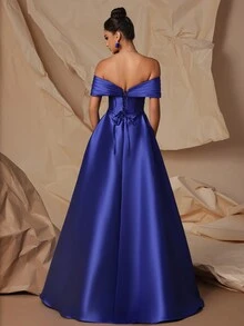 Vestido de festa elegante de cetim para mulheres com ombro caído VIPGIRL - Azul Royal - Visão 2