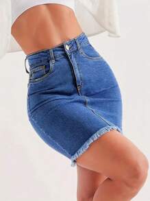 Tight-Fitting Figure-Hugging Sexy Frayed Denim Mini Skirt - Dark Wash - View 5