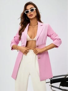 GENKIRA Áo khoác Blazer dài thắt nút kim loại cho nữ, chất liệu hỗn hợp, dài tay - Hồng - Xem 6