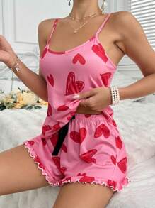 Women's Heart Pattern Camisole Top And Shorts Pajama Set Holiday Season - Red - View 5