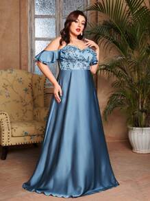 Spaghetti Strap Embroidered Ruffle Lace Patchwork Satin Dress - Blue - View 1