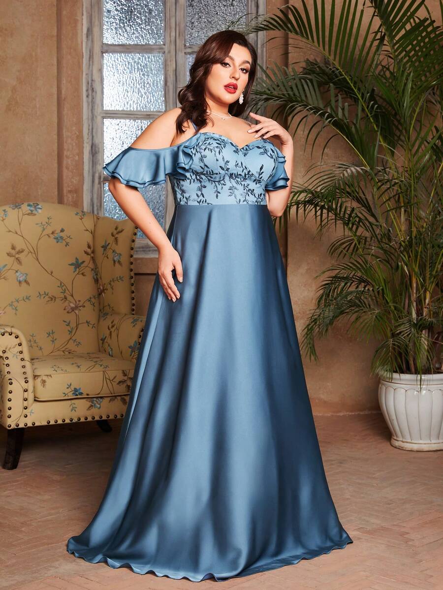 Spaghetti Strap Embroidered Ruffle Lace Patchwork Satin Dress - Blue - View 1