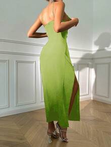 VaVaBold Vestido largo de tirantes de gasa para mujer con cuello alto estilo envuelto, dobladillo con abertura lateral y pliegues en los costados en unicolor para verano - Verde - Ver 2