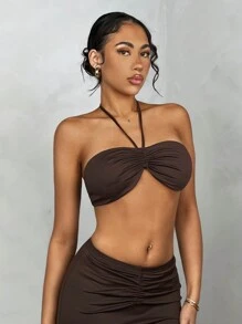 SHEIN BAE 1Bộ Áo ba lỗ rút dây phong cách nghỉ mát mùa hè cho nữ + Chân váy Maxi nhún bèo viền đuôi cá - Cà phê nâu - Xem 5