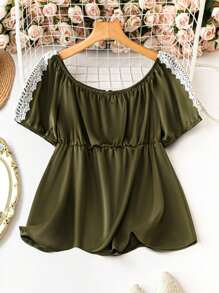 EMERY ROSE Kích thước lớn Giải trí Vòng cổ Áo sơ mi Với Nối Hòa tan Ren Cho mùa hè - màu xanh lá - Xem 2