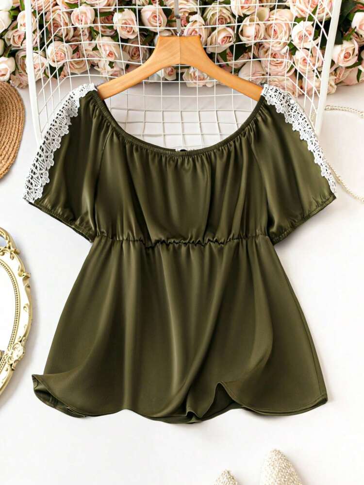 Plus Size Casual Round Neck Shirt With Spliced Soluble Lace For Summer