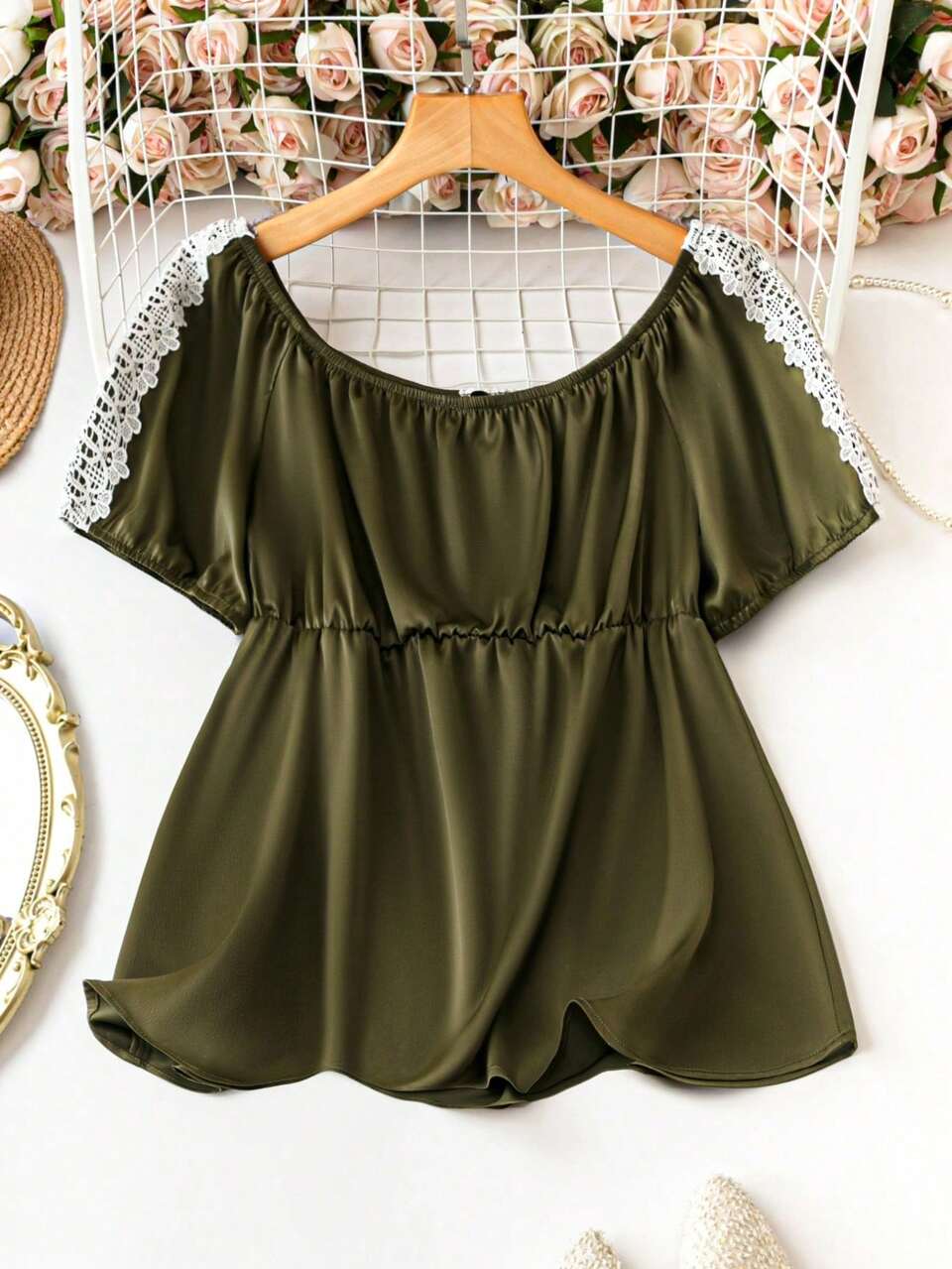 Plus Size Casual Round Neck Shirt With Spliced Soluble Lace For Summer
